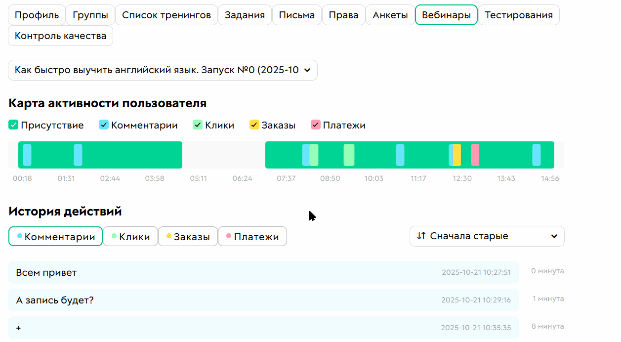 <p>Активность пользователя по вебинару</p>